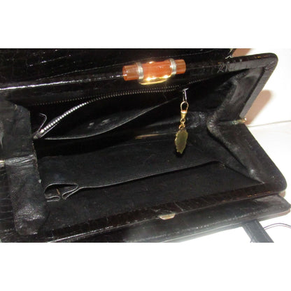 Vintage Mid Century Mod Gucci Top Handle Bag in Navy Crocodile Leather & Gold w a Bakelite Clasp