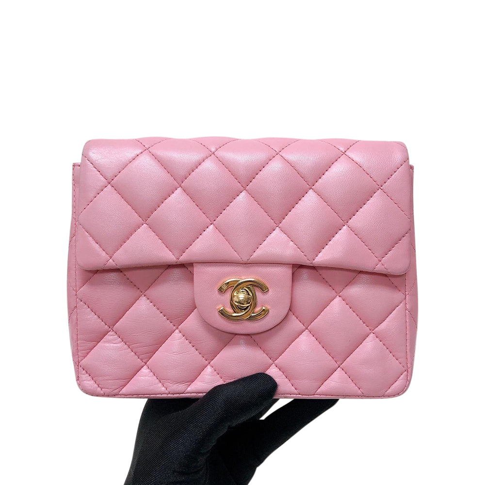 Vintage Mini Square Flap Bag in Pink Quilted Lambskin Leather GHW