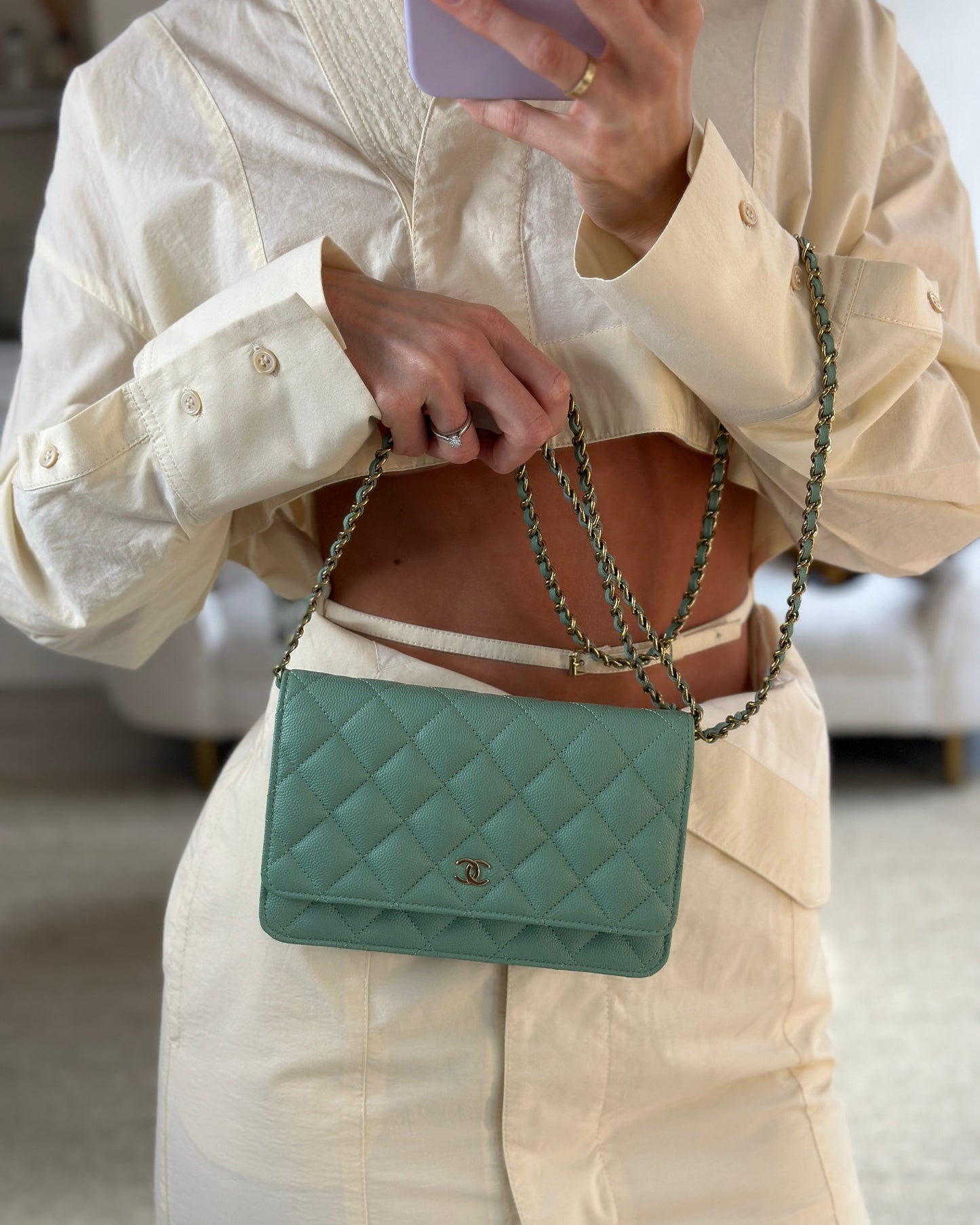 Chanel Matcha Green Wallet on Chain Bag in Caviar with Champagne Gold Hardware