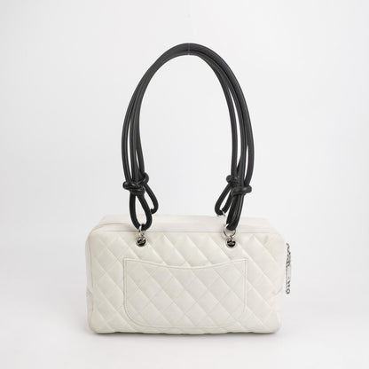 Chanel Cambon Medium Shoulder Bag White Calfskin Leather Black Double Strap