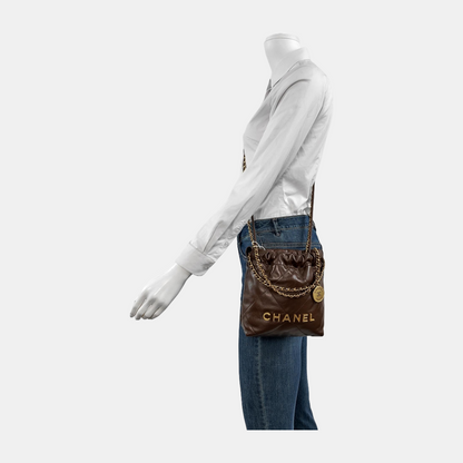 Chanel 22 Hobo Bag Mini Shiny Calfskin Leather Dark Chocolate Brown with Gold-tone Hardware