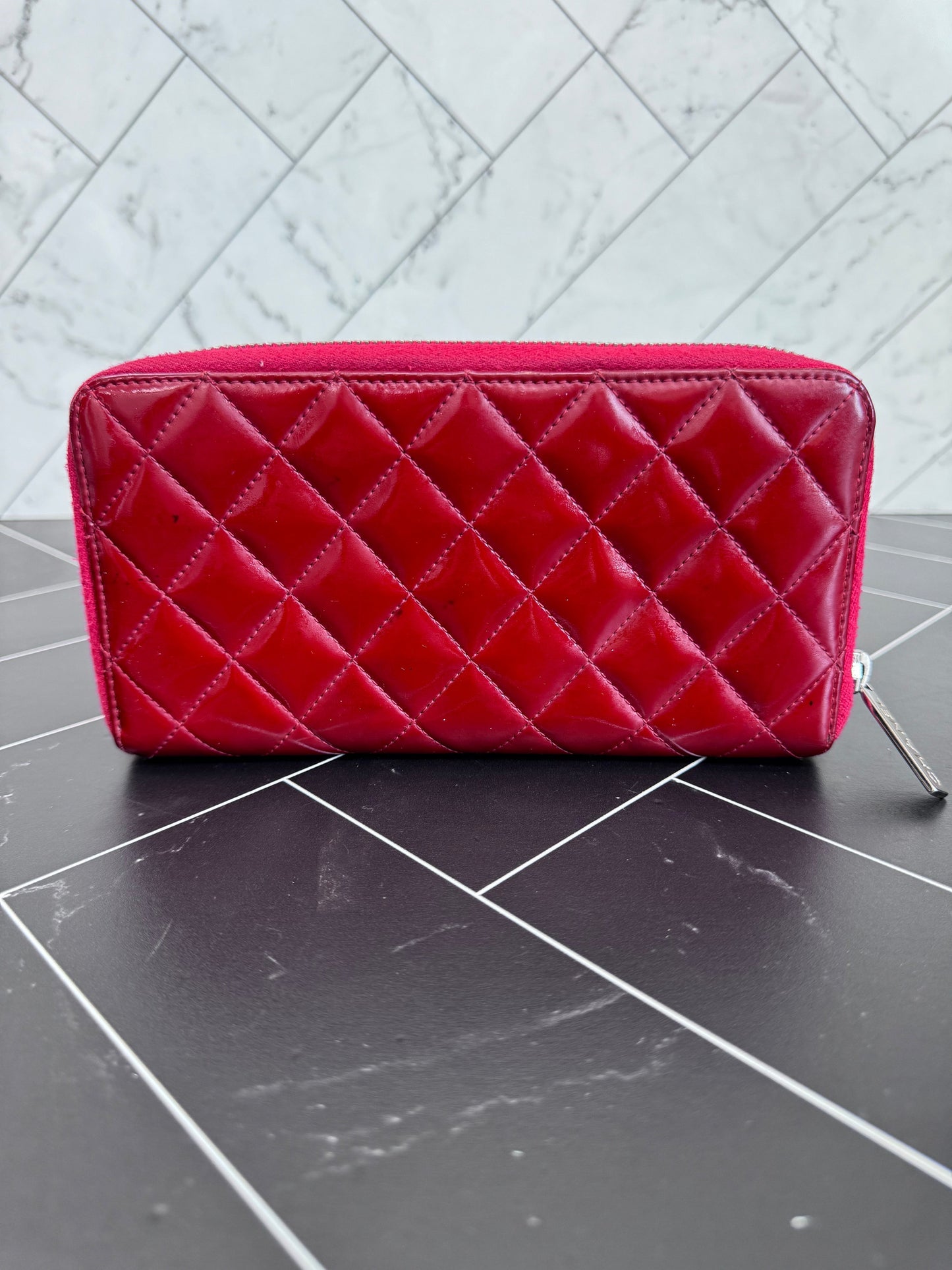 Chanel Fuchsia Patent Leather Quilted Zippy Wallet