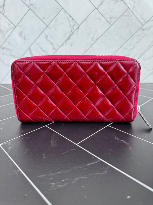 Chanel Fuchsia Patent Leather Quilted Zippy Wallet