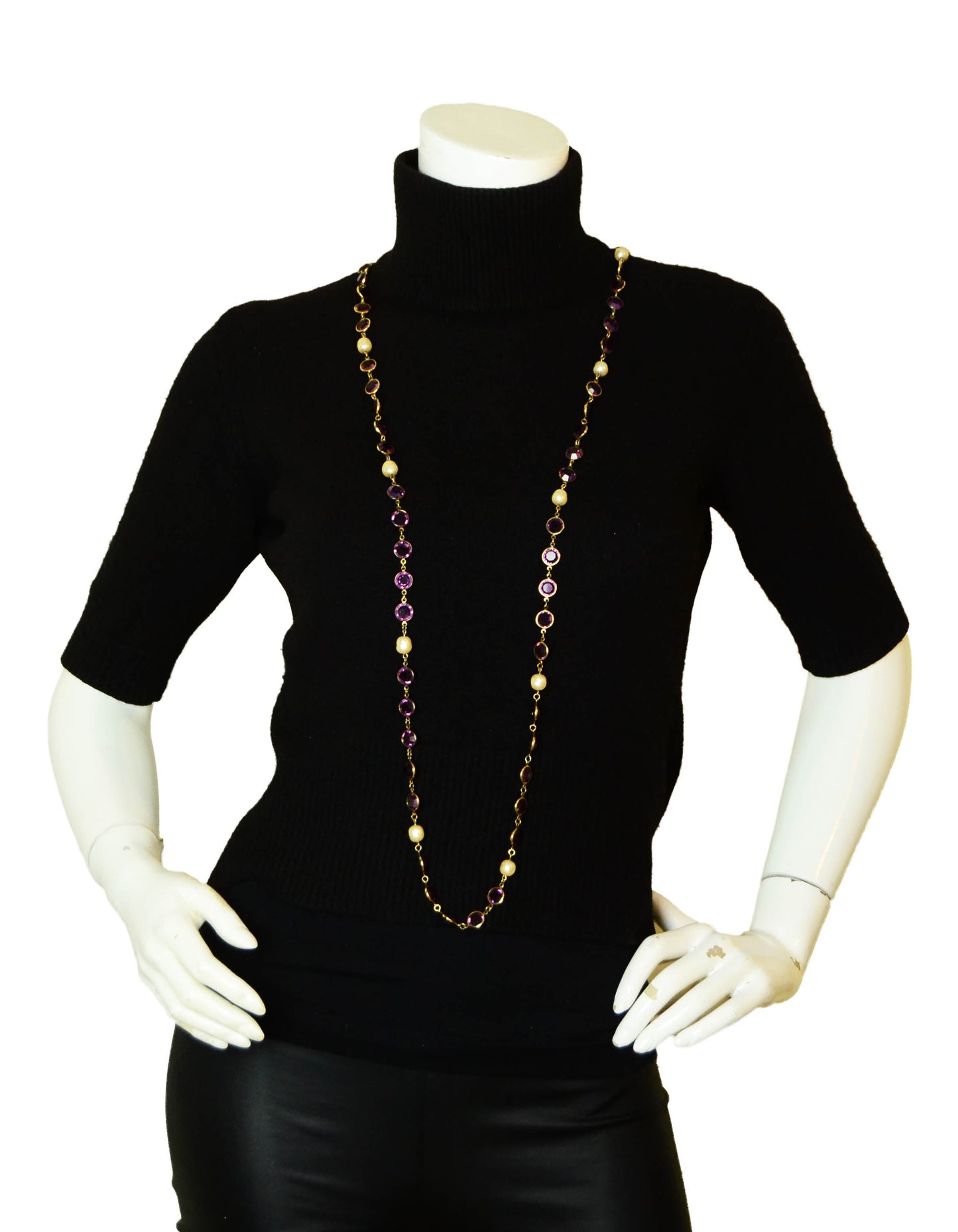 Chanel 1981 Faux Pearl & Purple Crystal Sautoir 54" Necklace