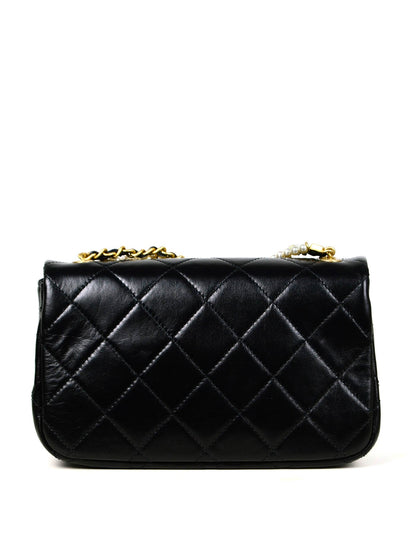 Chanel 2020 Black Calfskin Crystal Pearls Small Mini Flap Crossbody Bag