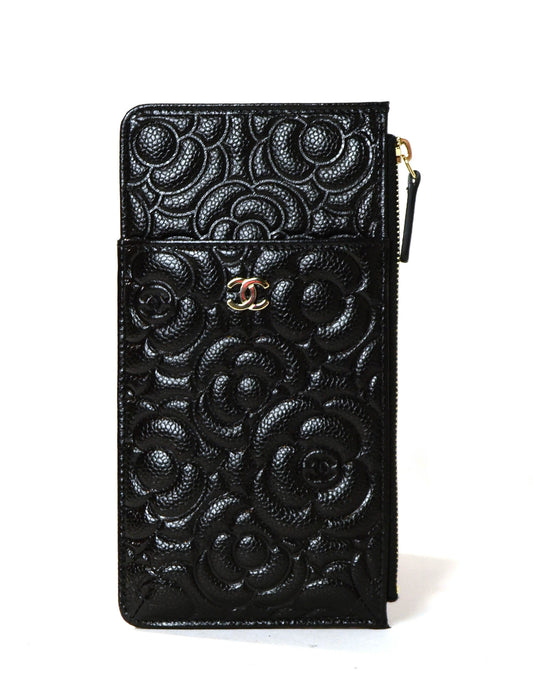 Chanel Black Caviar Camellia Embossed Classic Flat Wallet iPhone Pouch