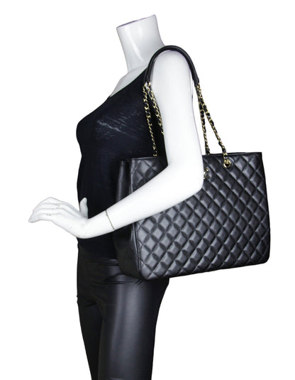 Chanel 2022 Black Caviar Leather Quilted Large Classic Shopping Tote Bag