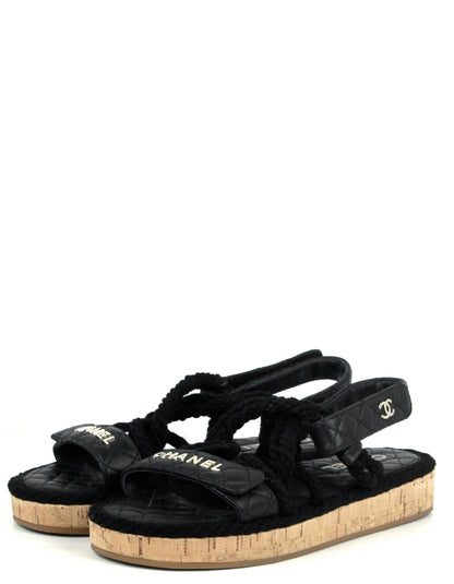 Chanel Black Cord Lambskin Quilted Logo Sandals sz 39