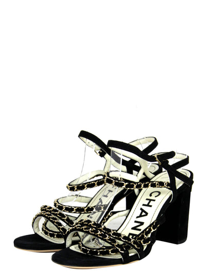 Chanel Black Kid Suede Chain Sandals sz 38.5