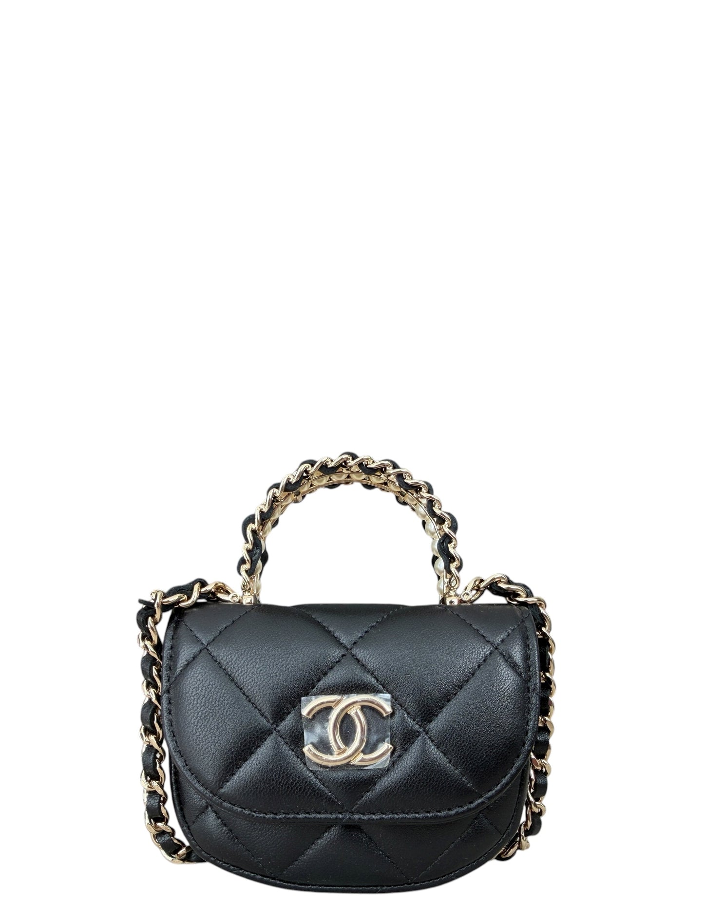 Chanel Black Lambskin Quilted Pearl Top Handle Micro Bag