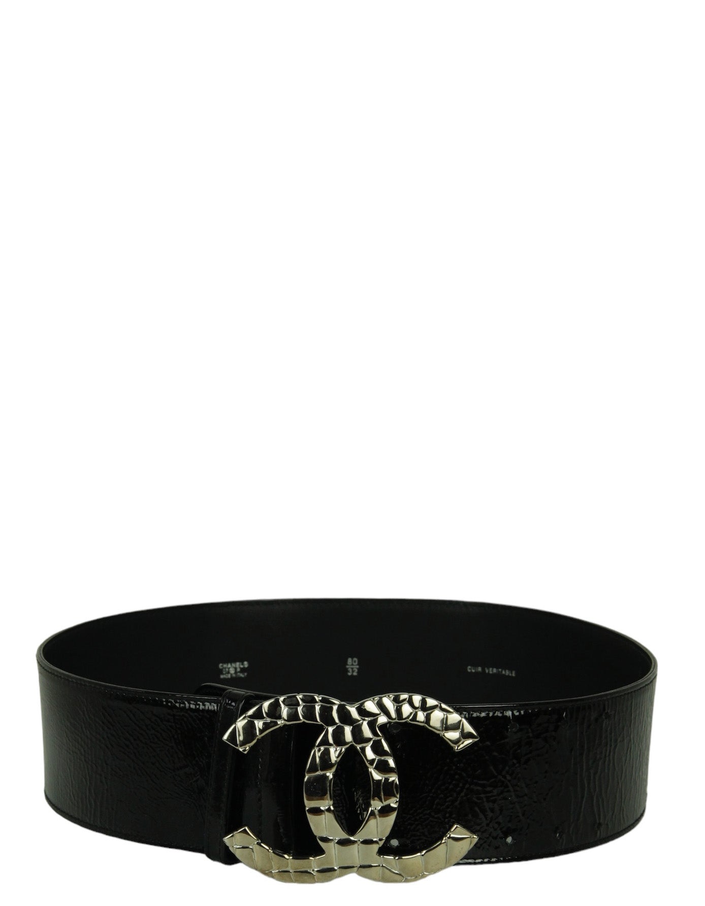 Chanel Black Patent Leather Quilted CC Logo Wide Belt sz 80/32"