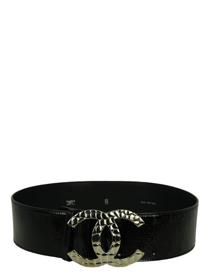 Chanel Black Patent Leather Quilted CC Logo Wide Belt sz 80/32"