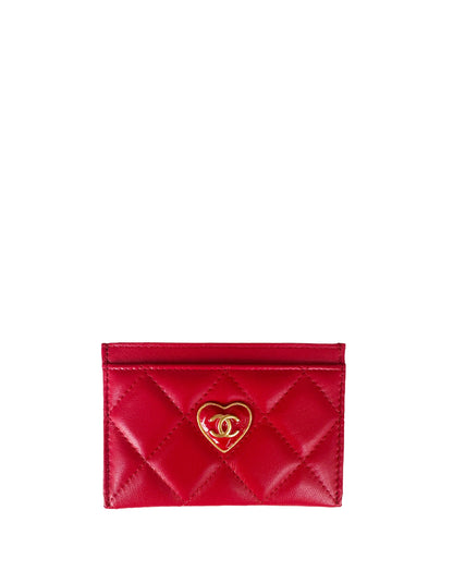 Chanel NEW 2023 Red Lambskin Quilted Resin CC Heart Card Holder