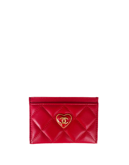 Chanel NEW 2023 Red Lambskin Quilted Resin CC Heart Card Holder