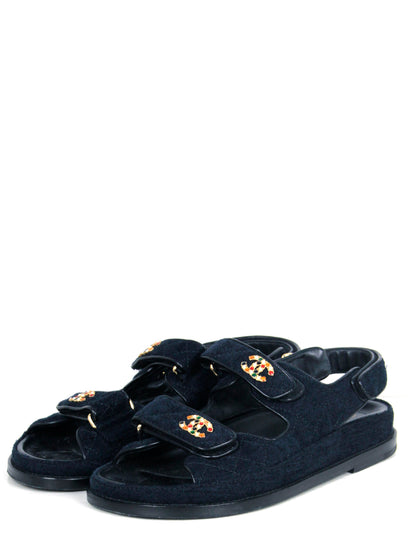 Chanel Navy Blue Velvet Velcro Dad Sandals sz 38