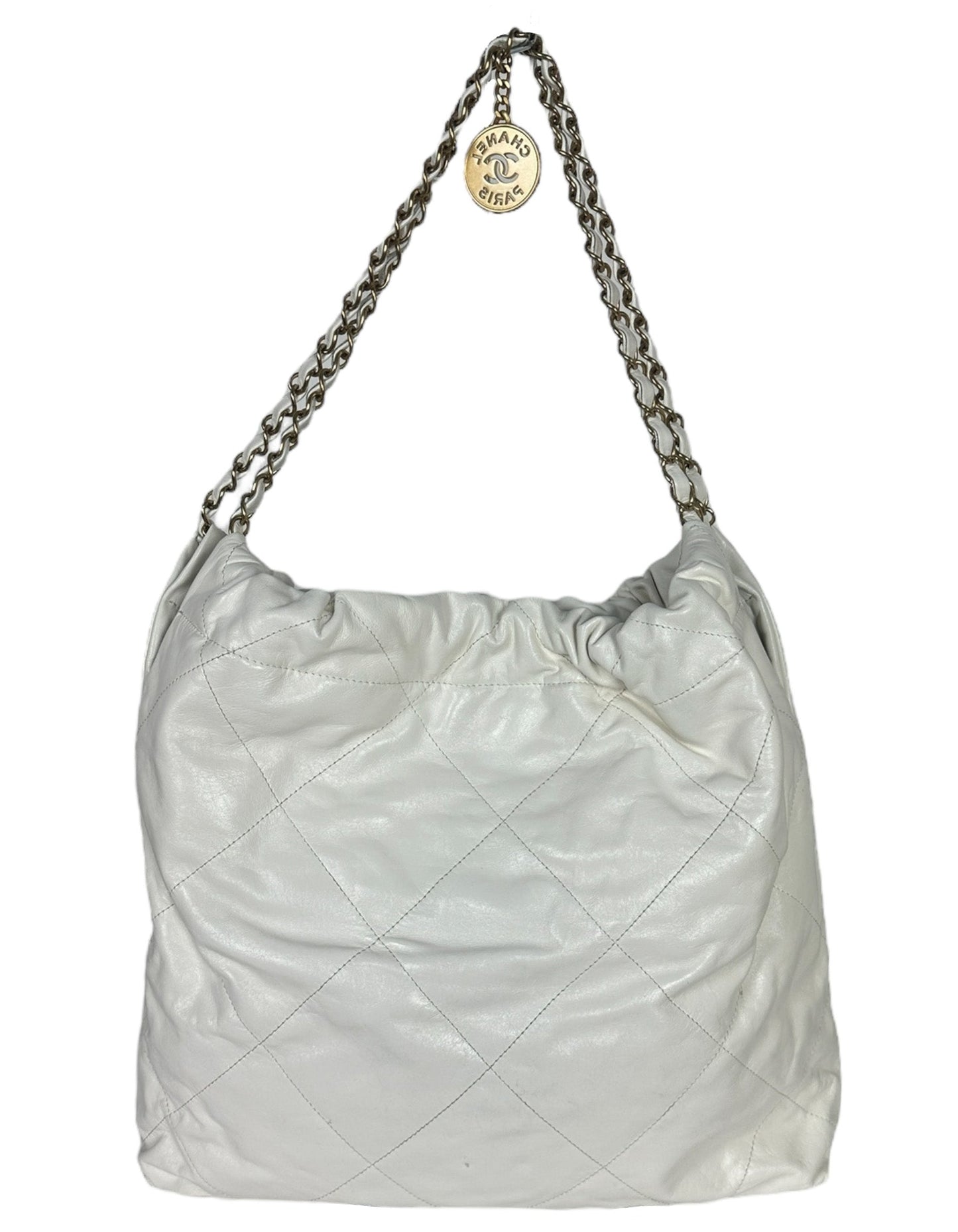 Chanel White Leather Quilted Chanel 22 Tote