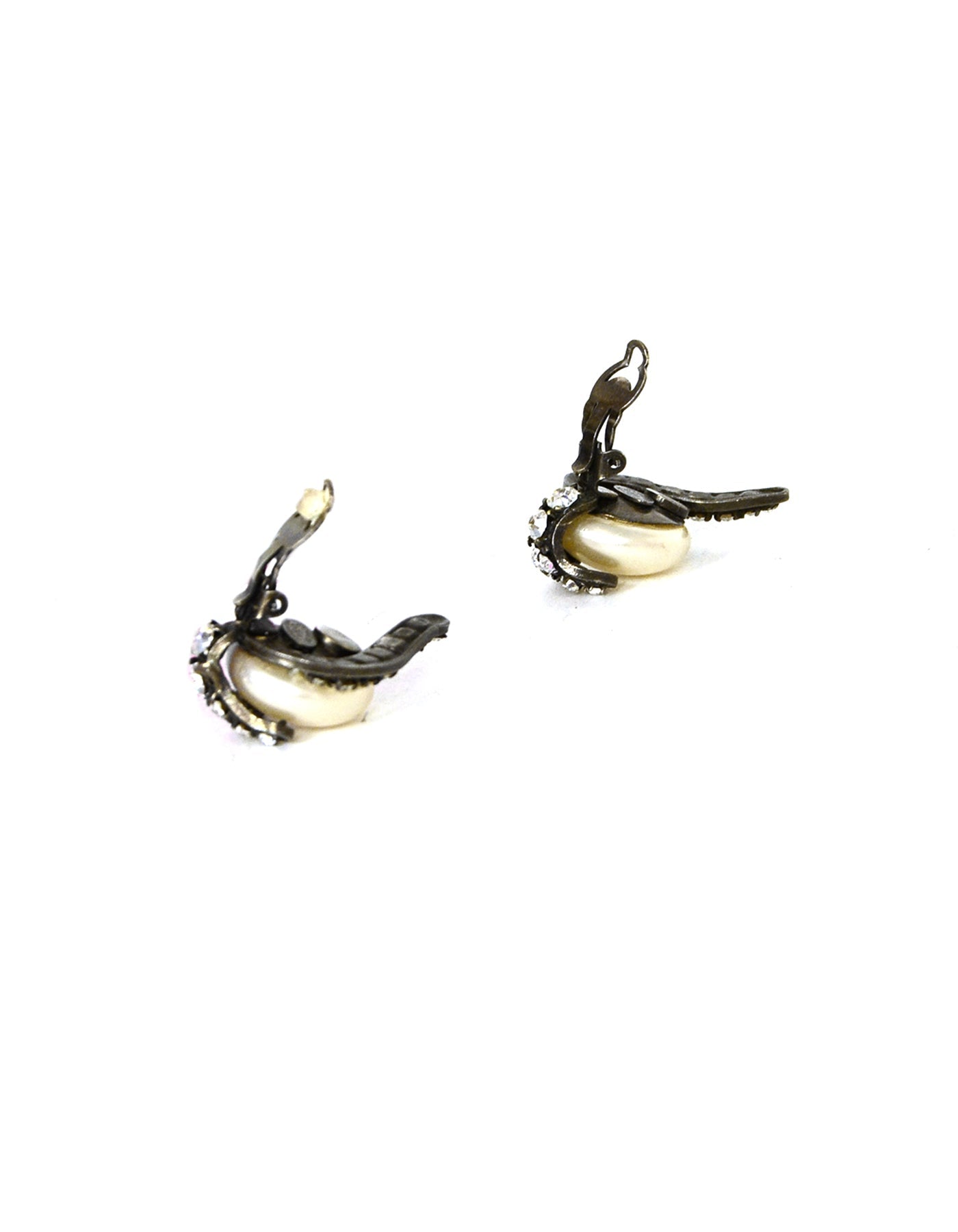 Chanel Vintage Grey Faux Pearl Earrings w/ Strass Crystals