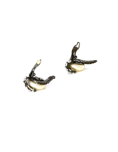 Chanel Vintage Grey Faux Pearl Earrings w/ Strass Crystals