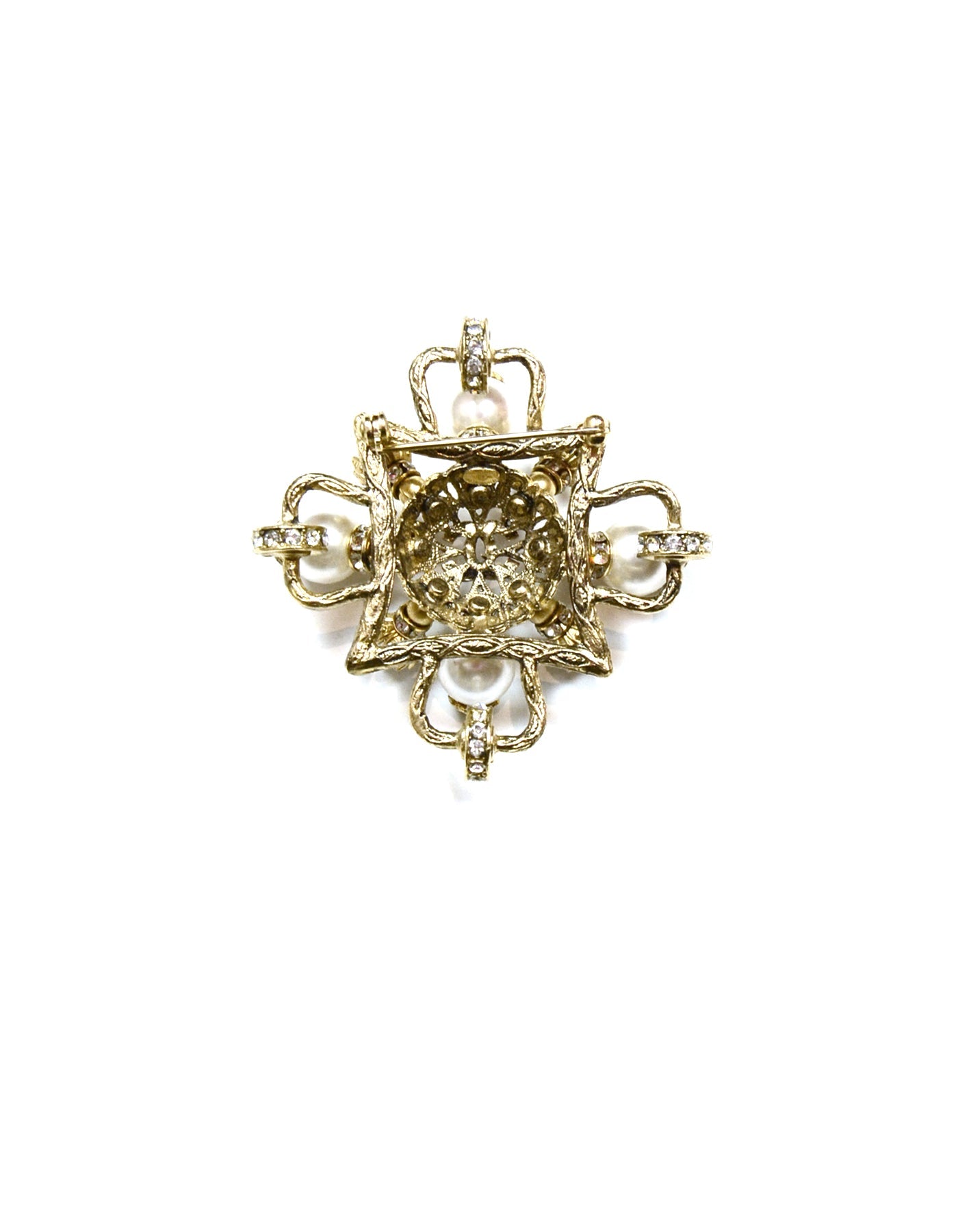 Chanel Goldtone Filigree CC Brooch w/ Faux Pearl and Crystals