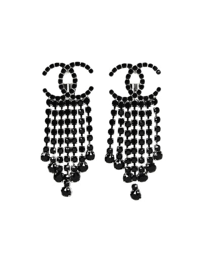 Chanel Black Crystal  CC Drop Earrings
