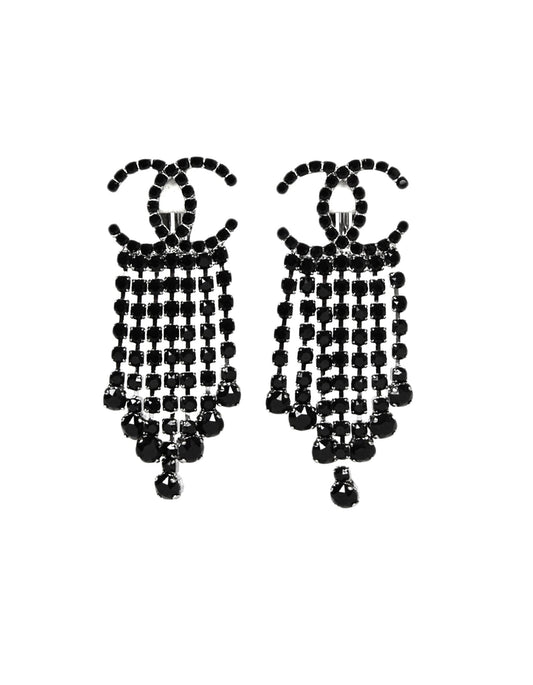 Chanel Black Crystal  CC Drop Earrings