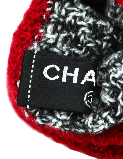 Chanel Black & White Cashmere w/ Red Trim Knit Gloves with Puffy CC Detail sz S/M