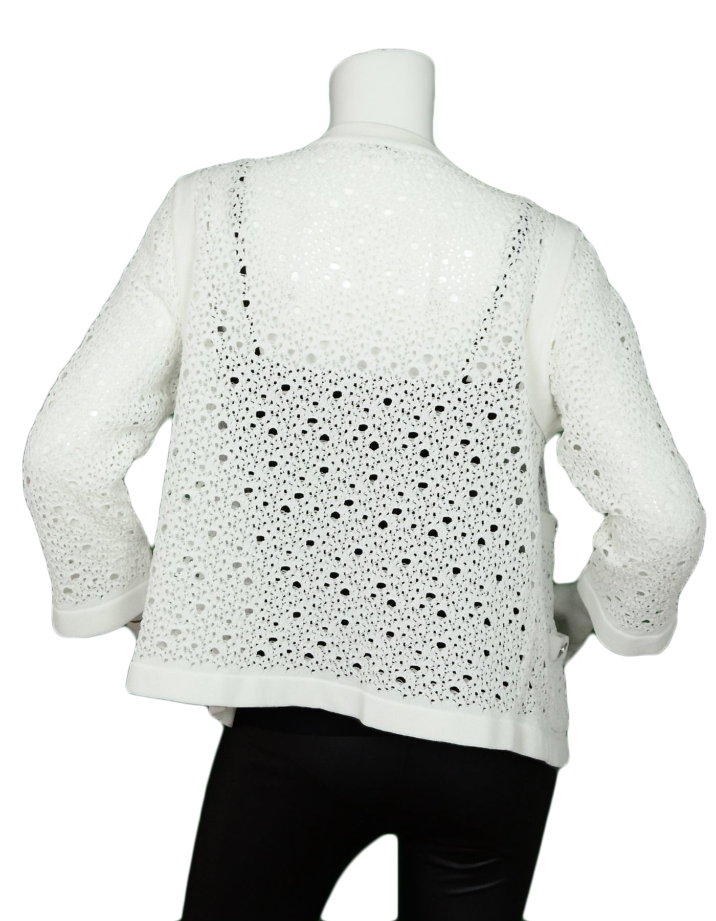 Chanel White Crochet Button down Jacket w/ 4 Pockets & 8 Silvertone Buttons sz Large