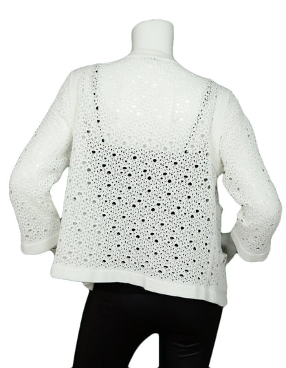 Chanel White Crochet Button down Jacket w/ 4 Pockets & 8 Silvertone Buttons sz Large