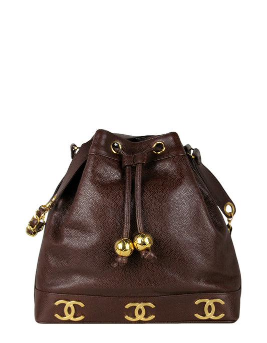 Chanel Brown Vintage Logo Caviar Leather Bucket Bag