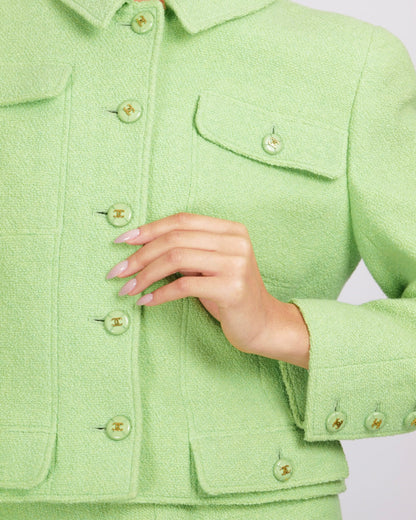 Chanel Vintage 98P Green Wool Jacket and Skirt Set with Green and Gold CC Logo Buttons Size FR 42 (UK 14)