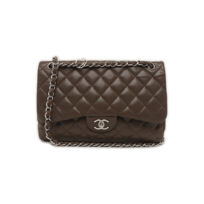 Chanel Classic Flap Jumbo 2012 Coffee Brown Caviar Leather Double Flap Silver Hardware