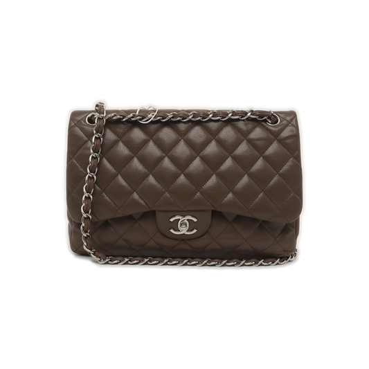 Chanel Classic Flap Jumbo 2012 Coffee Brown Caviar Leather Double Flap Silver Hardware