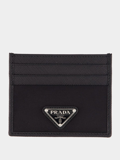 Black Re-Nylon and Saffiano Leather Card Holder