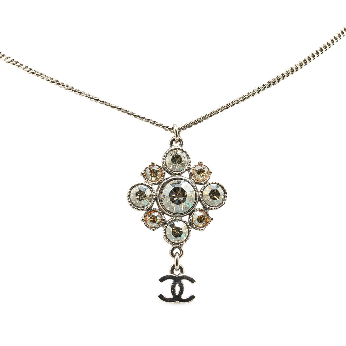 Silver Chanel Palladium Plated CC Crystal Pendant Necklace