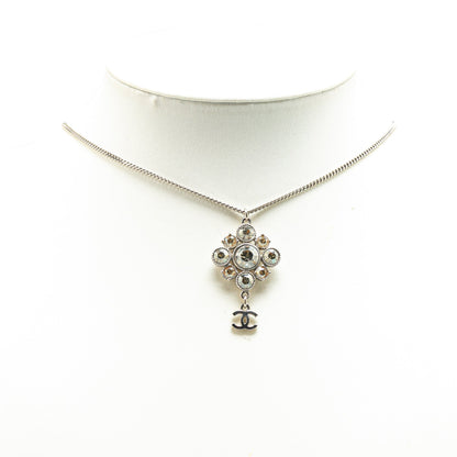 Silver Chanel Palladium Plated CC Crystal Pendant Necklace