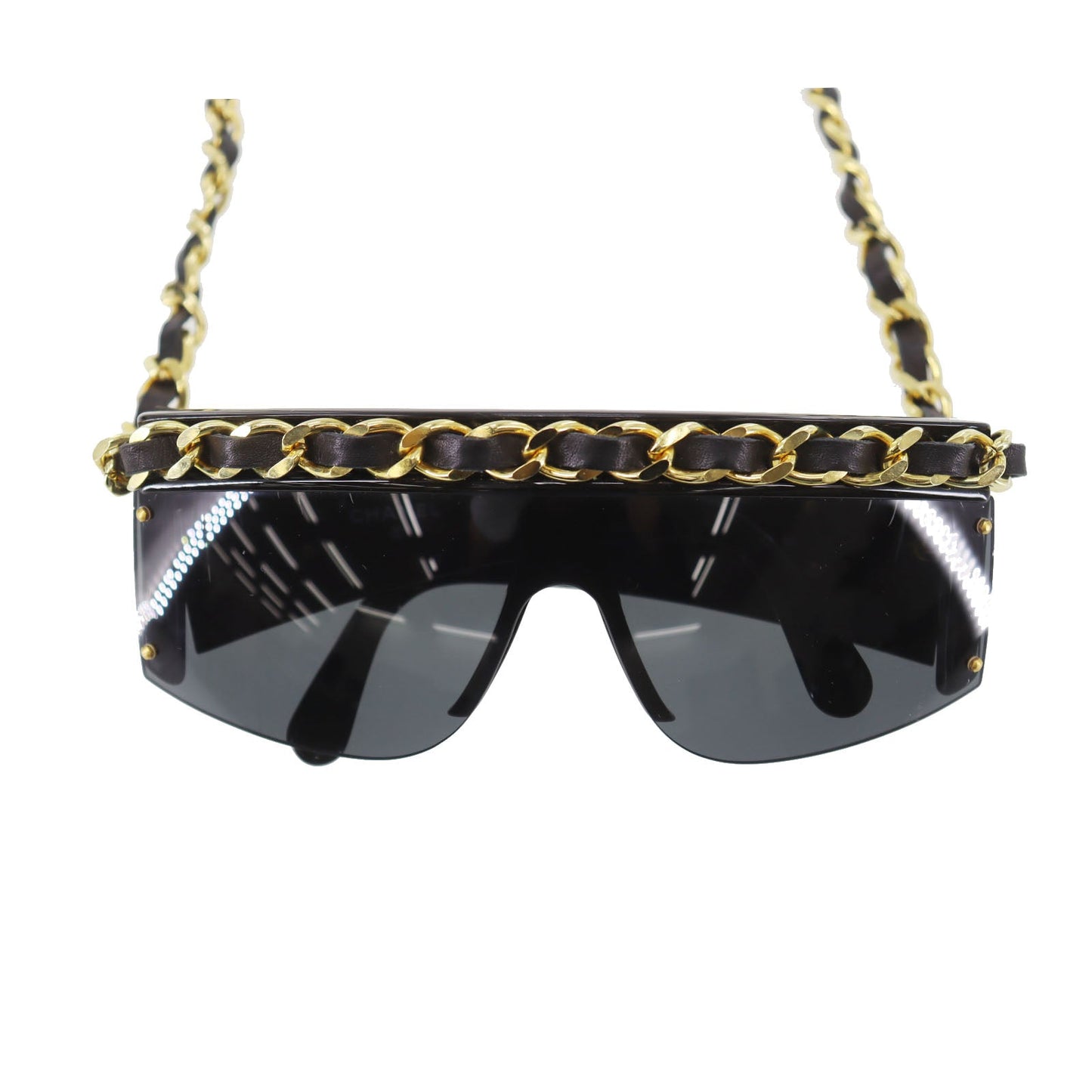CHANEL Chain  Sunglasses Black Shield Eye Wear Italy #CW623