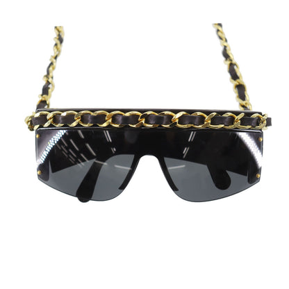 CHANEL Chain  Sunglasses Black Shield Eye Wear Italy #CW623