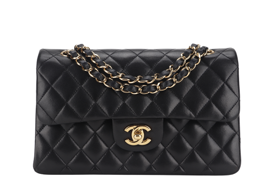 CHANEL CLASSIC FLAP SMALL BLACK LAMBSKIN & GOLD HARDWARE WITH  (1547xxxx) WITH DUST COVER AND BOX