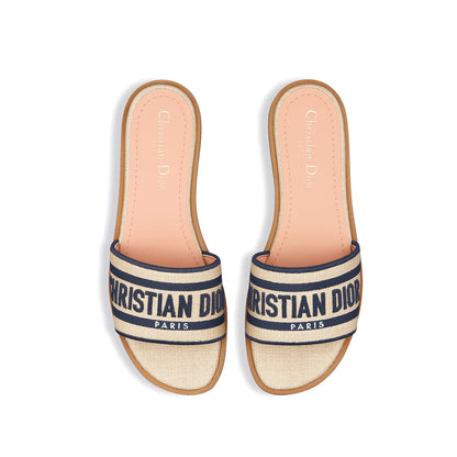 Dior Dway Slide Natural Raffia And Deep Blue Embroidered Cotton