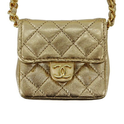 CHANEL Mini Matelasse  Shoulder Bag Gold Lambskin Leather #CU68