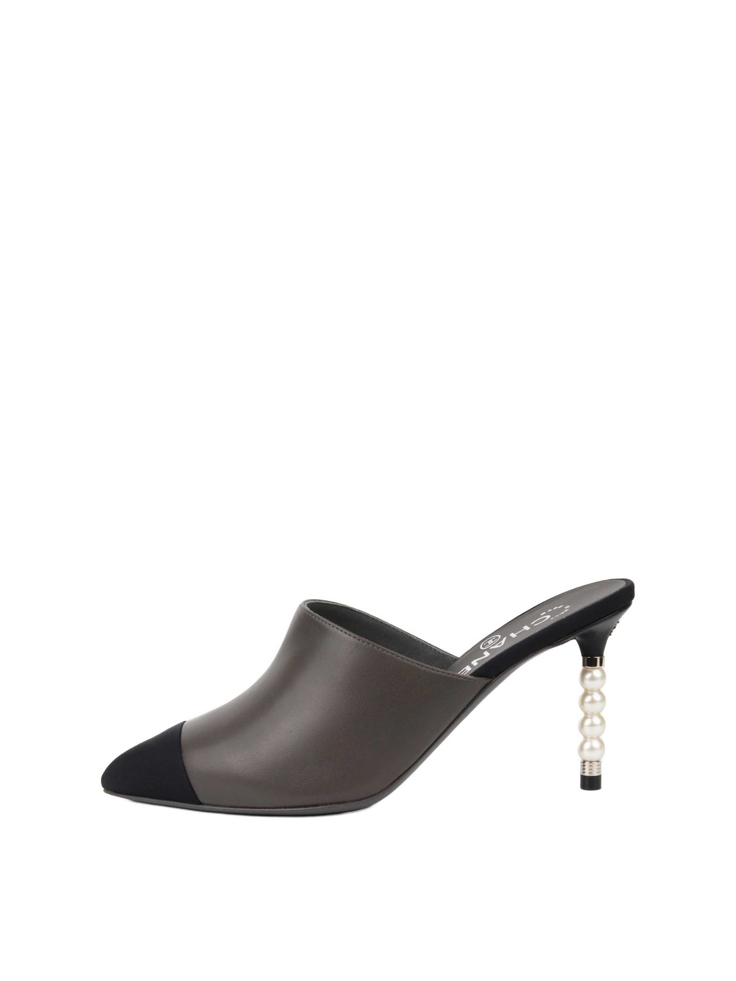Chanel Black and Grey Mules with Pearl Heels Size 36.