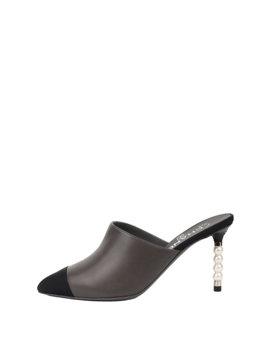 Chanel Black and Grey Mules with Pearl Heels Size 36.