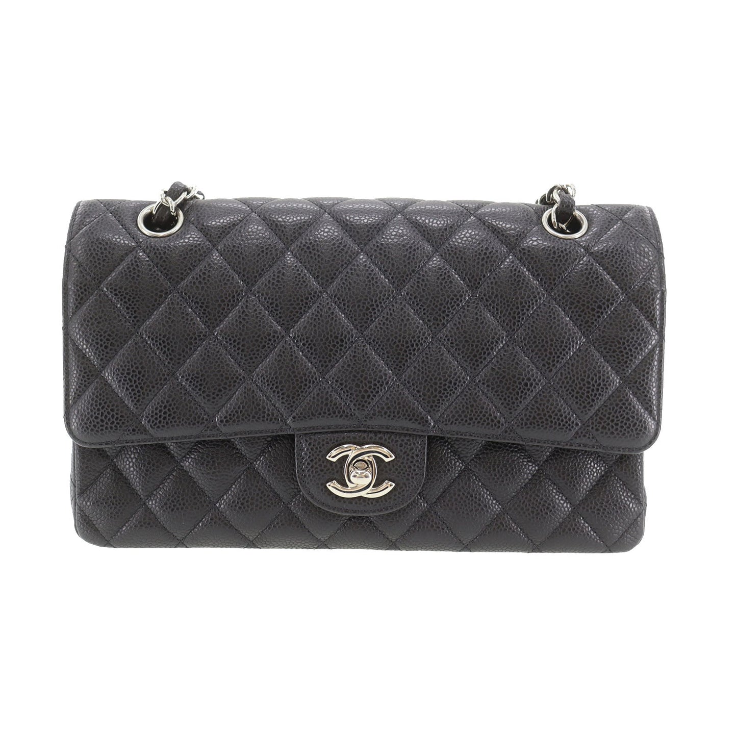 CHANEL Matelasse Double Flap  Shoulder Bag Black Caviar Skin Leather #CY111