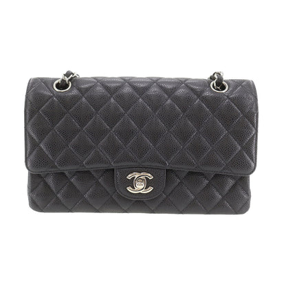 CHANEL Matelasse Double Flap  Shoulder Bag Black Caviar Skin Leather #CY111