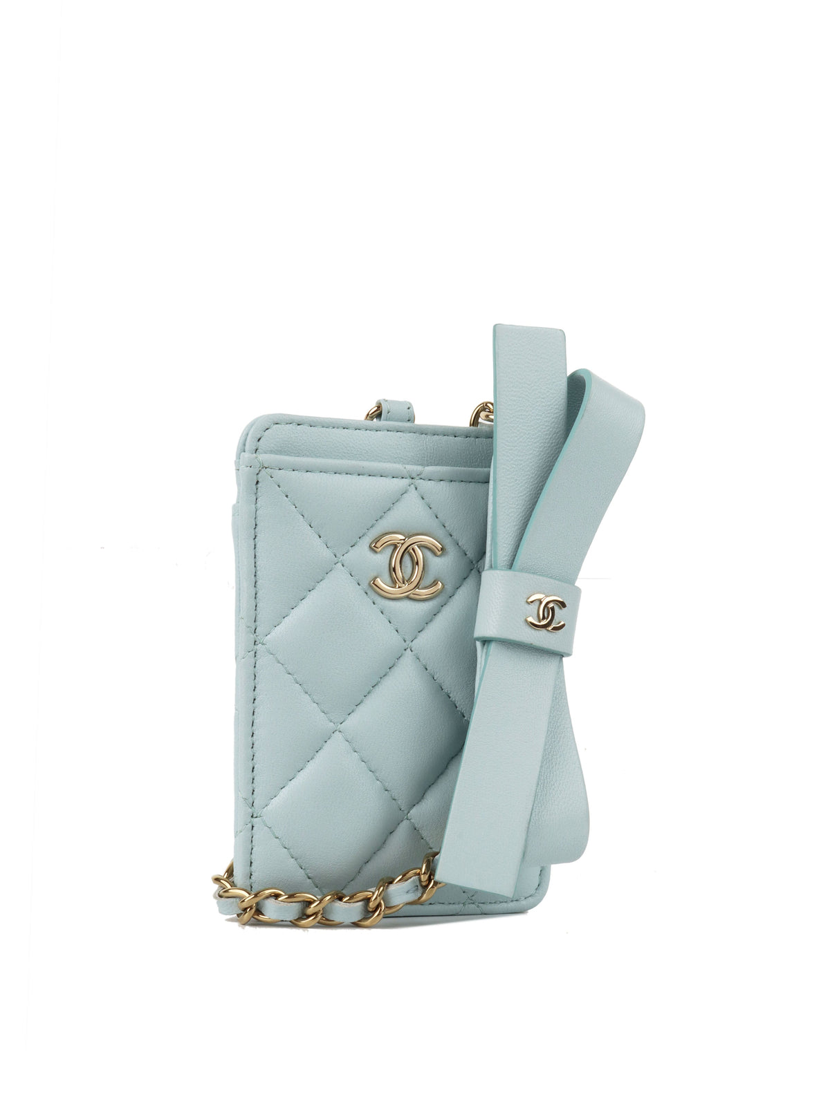 Chanel Pastel Blue Card Holder on Bow Chain LGHW *