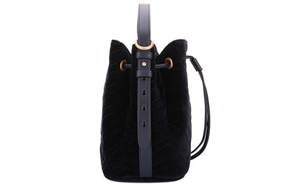 GUCCI GG Marmont Gold Label Logo Velvet Drawstring Bucket Bag Chain Handbag Black 525081-9FRDT-1000