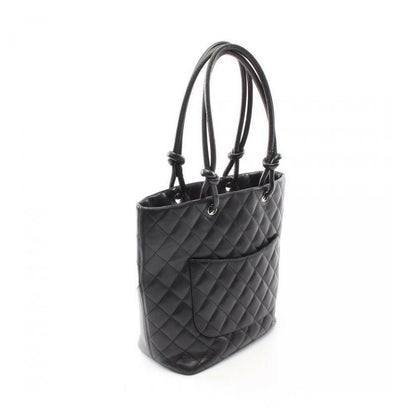 Chanel Cambon Line Medium Handbag Tote Bag Leather Black White Silver Hardware