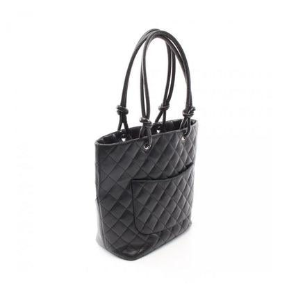 Chanel Cambon Line Medium Handbag Tote Bag Leather Black White Silver Hardware