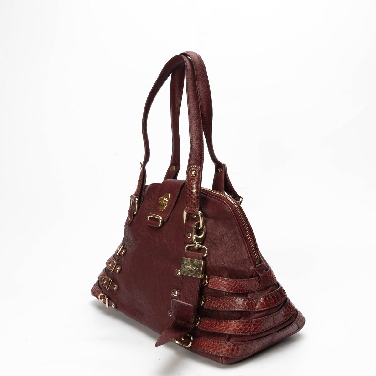 Jimmy Choo Maroon Python Embossed Convertible Satchel