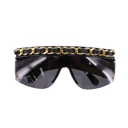 CHANEL Chain Sunglasses Black Shield Eye Wear #BZ506